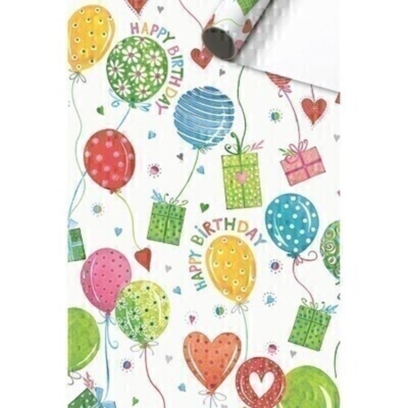 Luxury Odette bright and colourful balloons and hearts Happy Birthday roll wrap paper by Swiss designer Stewo. Quality bright white coated birthday wrapping paper 80gsm. Approx size of roll 70cm x 2metres.